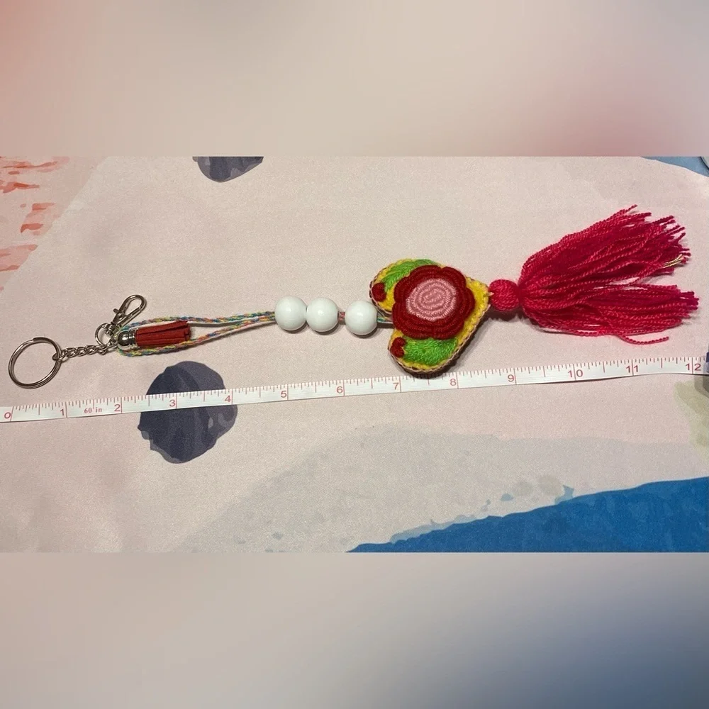 Handmade Embroidered Floral Heart & Tassel Keychain Charm